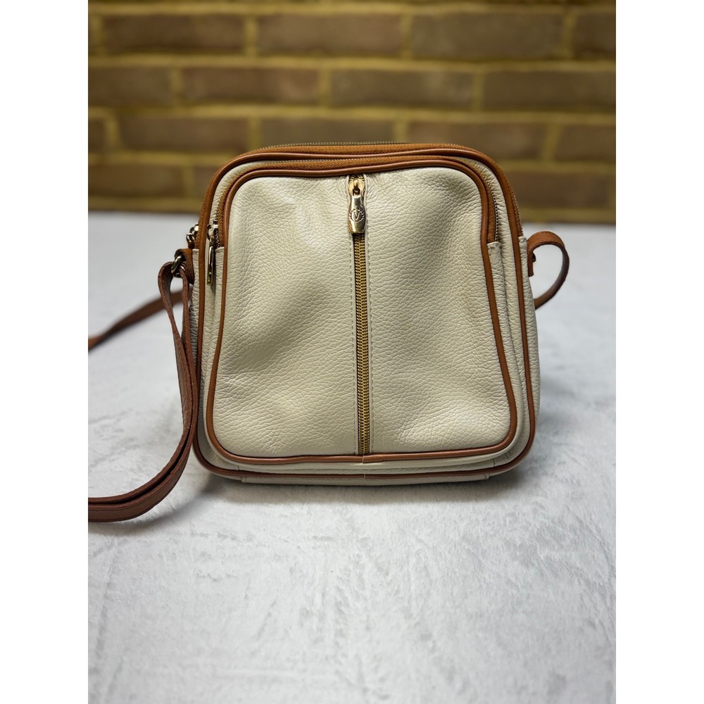 Valentina Cream Tan Pebbled Leather Crossbody Bag Multi Zip Pocket handbag purse